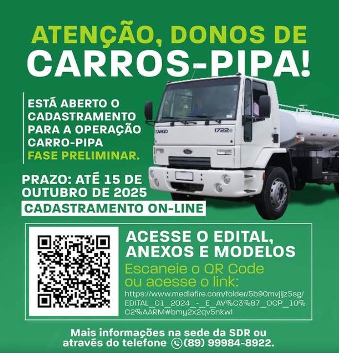 A Prefeitura Municipal de Pio Ix informa a todos que está aberto  o cadastramento on-line para a Operação Carro-Pipa – Fase Preliminar.